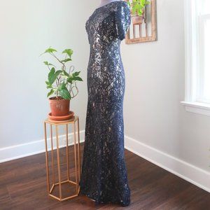🤩 ADRIANNA PAPELL Dark Blue Sequined Floor Length Gown US SIZE 4 STUNNING